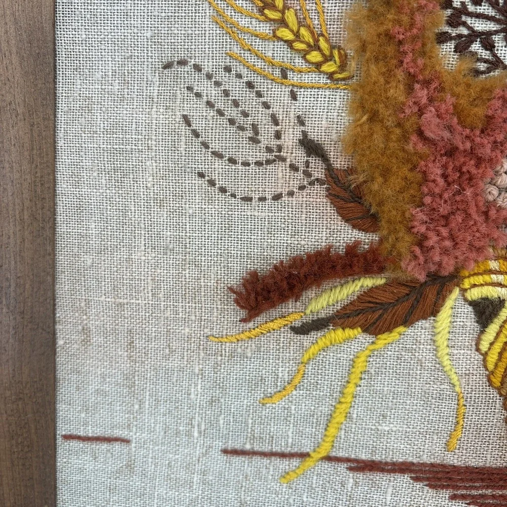 Vtg Latch Hook Rug Wall Hanging Handmade Fall‎ Basket Framed Art 26